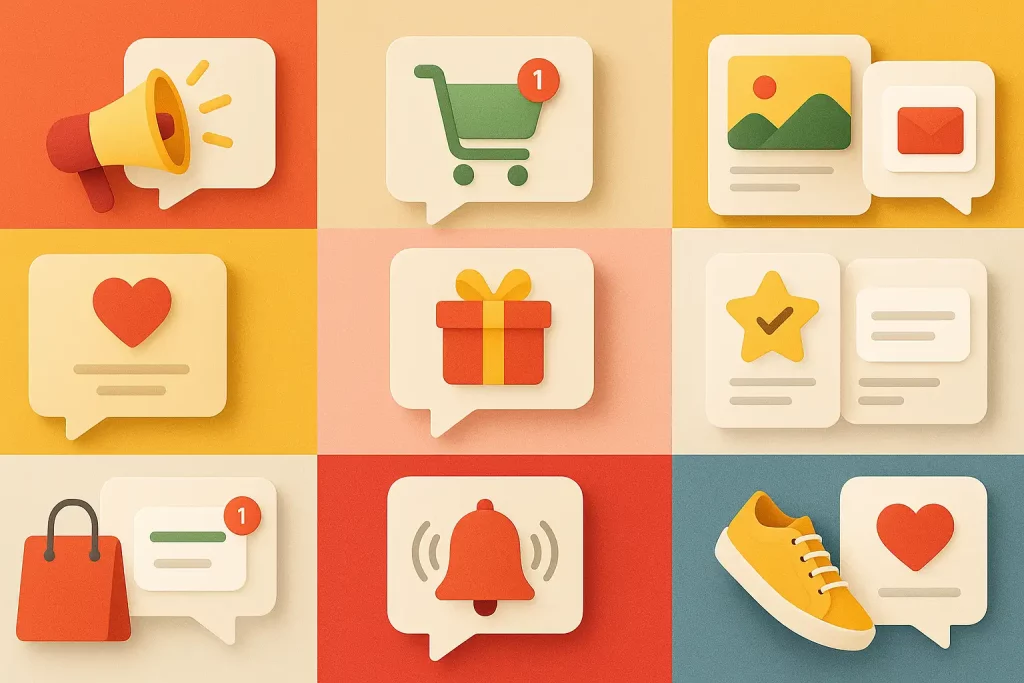 A collage of 10 different visually appealing push notification examples.