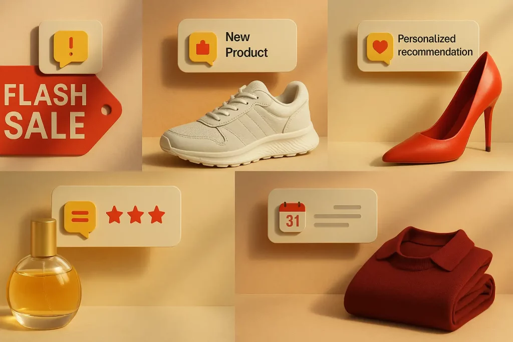 A collage of five unique visuals depicting different uses of push notifications for ecommerce (e.g., flash sale, new product launch, personalized recommendations).