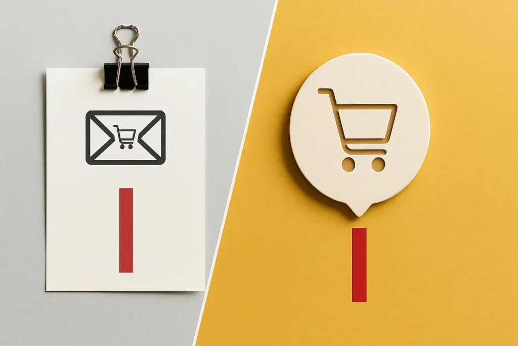 A split screen comparing email open rates vs. push notification engagement rates for abandoned carts.