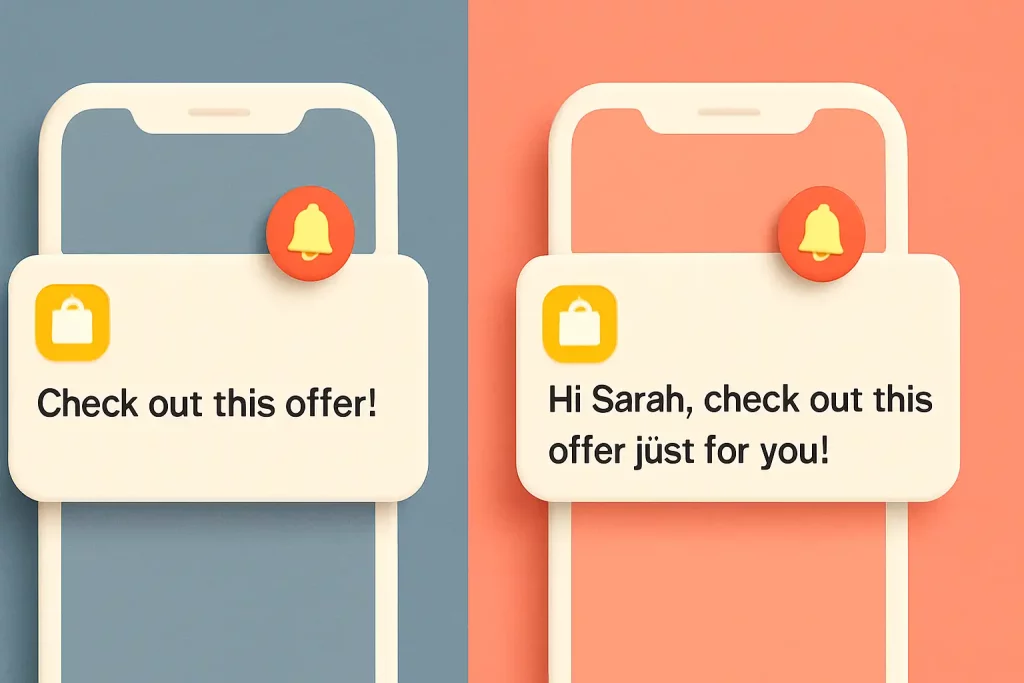 A graphic showing the difference between a generic and personalized push notification message.
